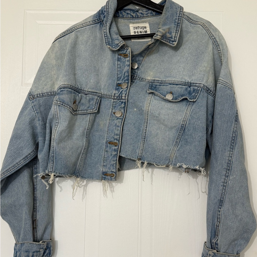 Refuge Light Blue Distressed Crop Jean Jacket